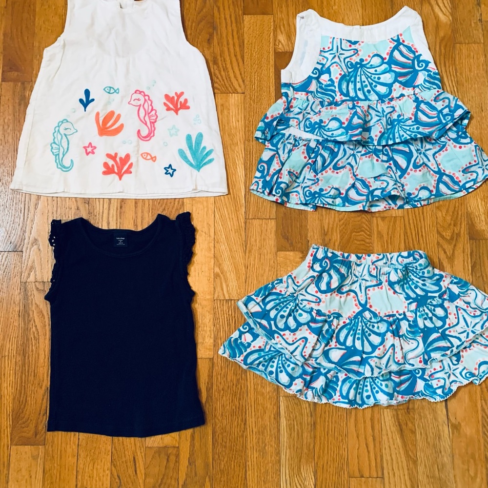 Girls Set Sz 5: Gymboree Embroidered Seahorse Top & Navy Ruffled Sleeve Gap Top